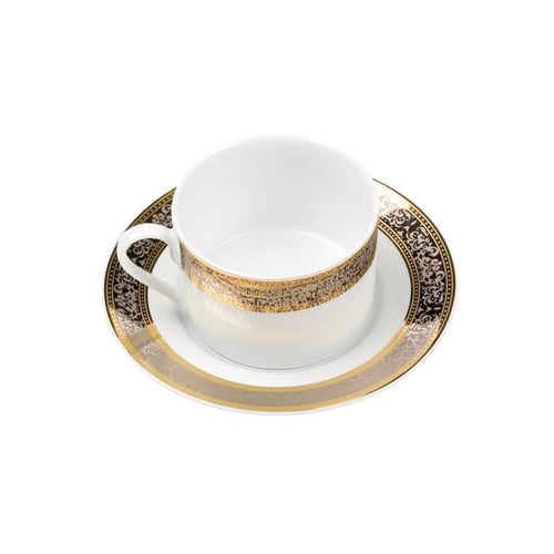 Porcelain- White with Gold and Platinum Rim Barrel Style Coffee Cup with Saucer IEP