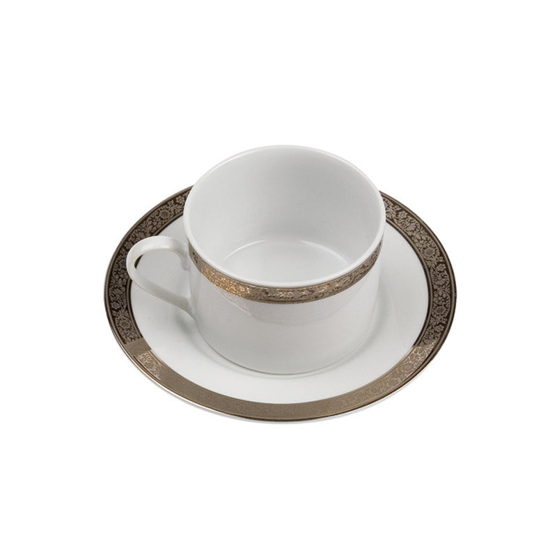Porcelain- White with Thick Platinum Rim Barrel Coffee Cup and Saucer IEP